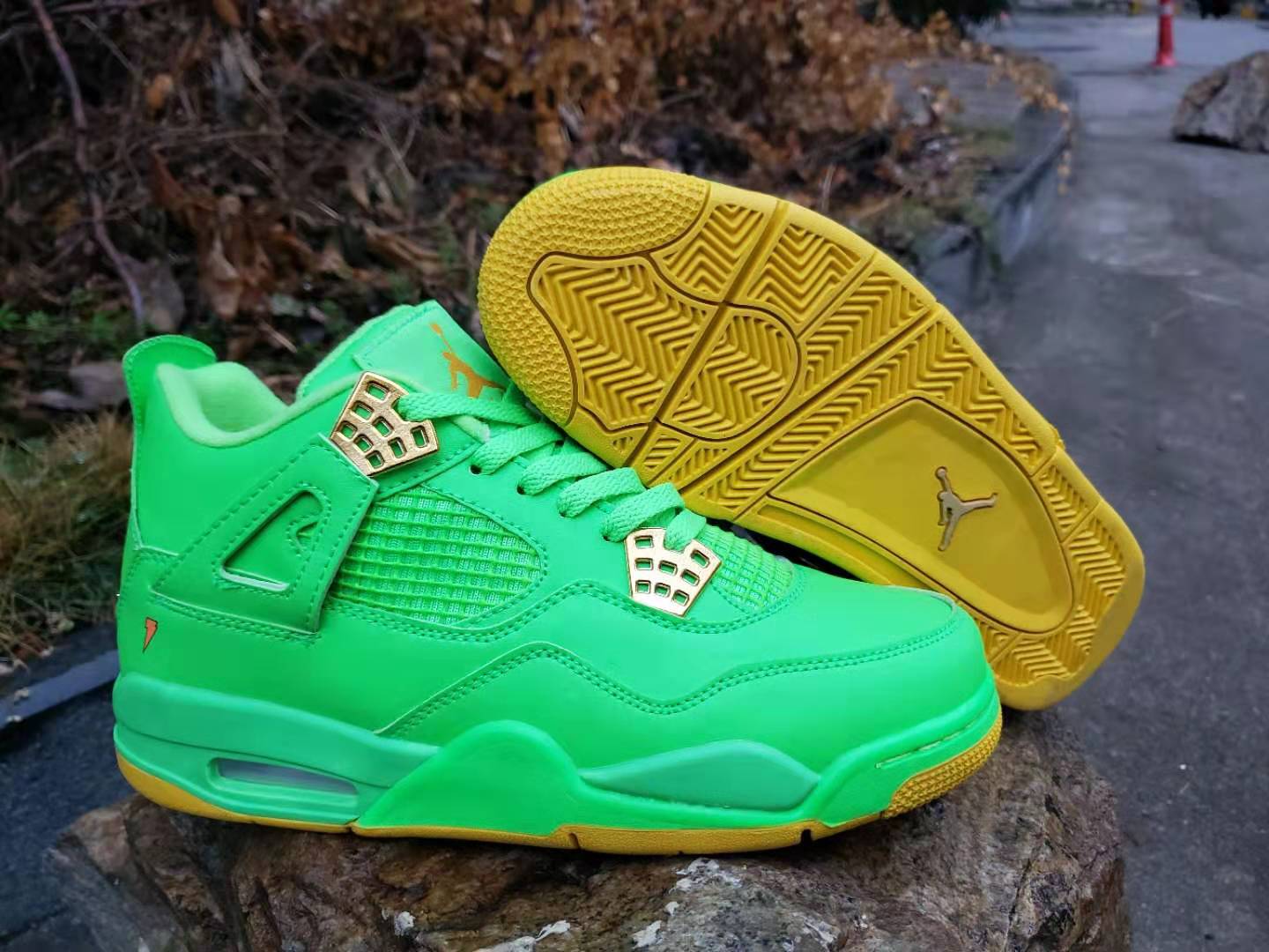 New Air Jordan 4 Retro Dark Green Yellow Shoes - Click Image to Close